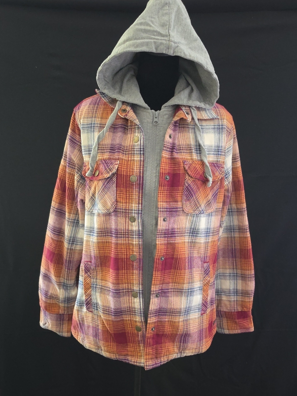 Natural Reflections Plaid Hooded Shirt Jacket - Red, Purple, Gray - Picture 2 of 15